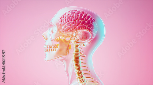 Colorful 3D-rendered side profile of a human skull focusing on brain anatomy, with vibrant hues for educational and scientific purposes.