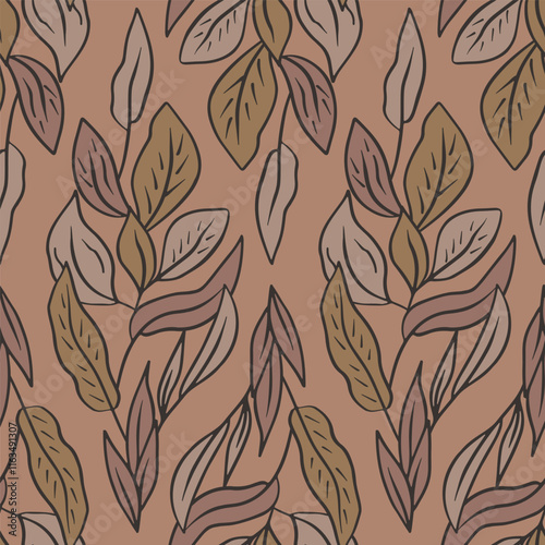 Seamless pattern with neutral earthy tropical leaves on brown background. Line art botanical wallpaper with foliage