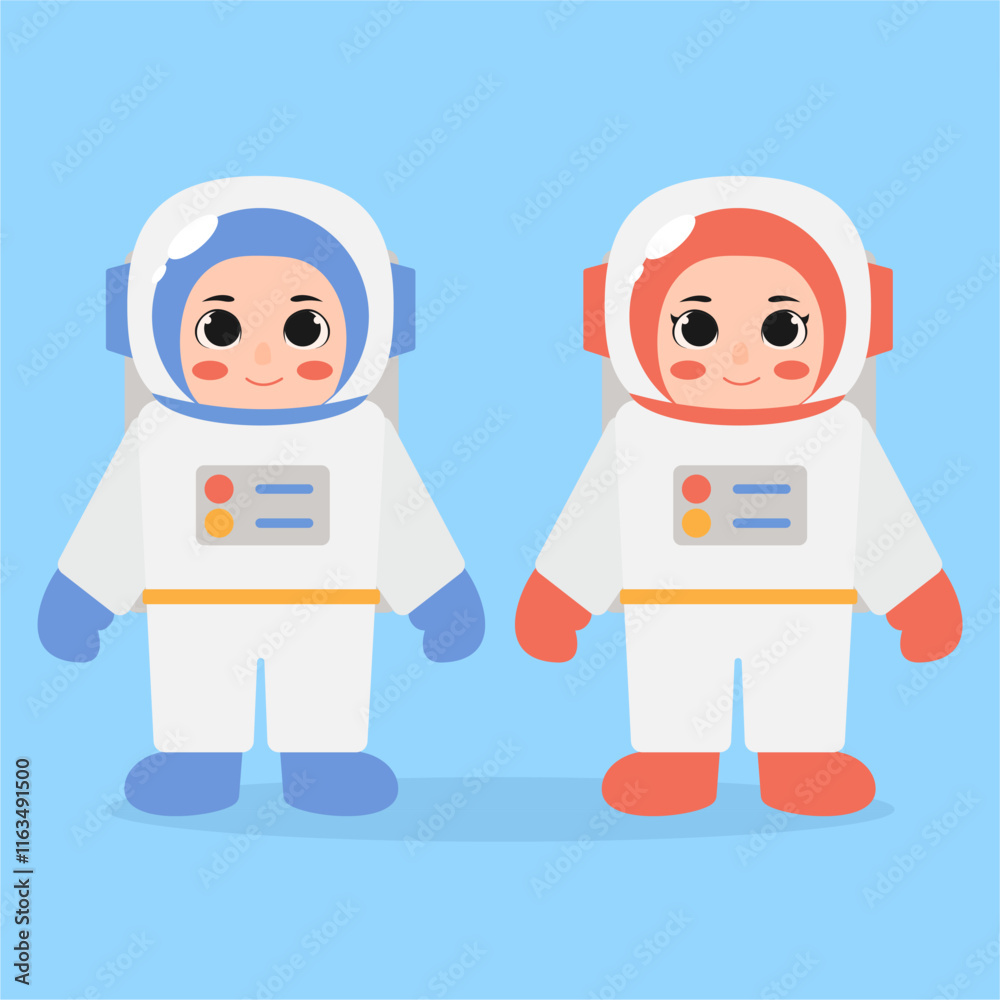 Vector illustration of a boy and a girl, wearing astronaut costumes. Vector illustration of a boy and a girl, wearing astronaut costumes.