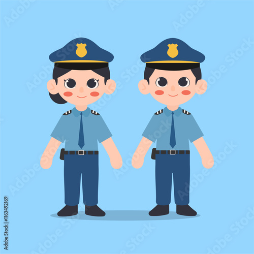 Vector illustration of a boy and a girl, wearing police officer costumes.
