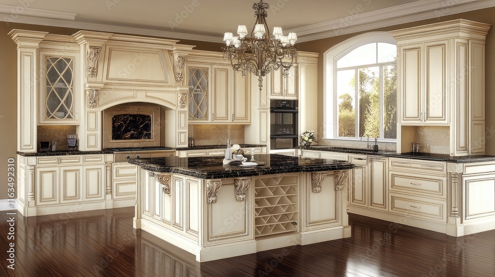 Elegant kitchen design featuring cream cabinetry, granite countertops, and a chandelier.