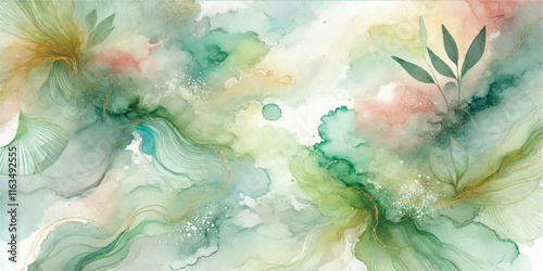 Soft Abstract Watercolor Background with Green and Peach Tones