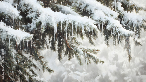 Close-up of fir tree branches draped in snow and icicles, creating an authentic winter forest backdrop photo