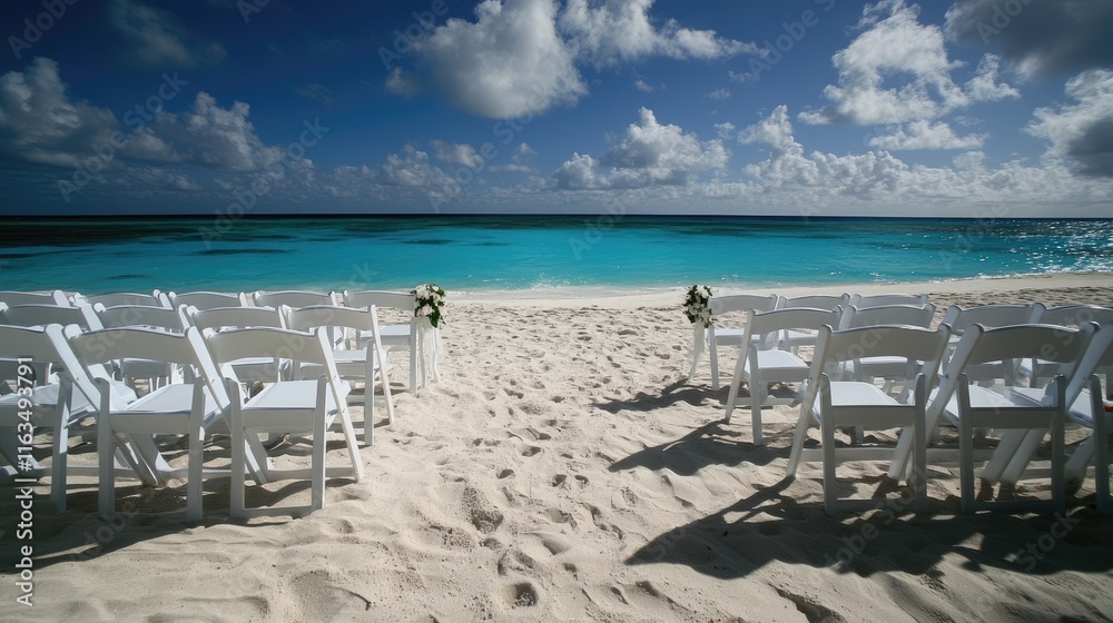 Serene Beach Wedding Setup with Azure Ocean and Sandy Shoreline Serene Beach Wedding Setup with Azure Ocean and Sandy Shoreline