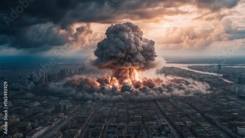 Massive explosion engulfs urban landscape during sunset with dramatic clouds photo