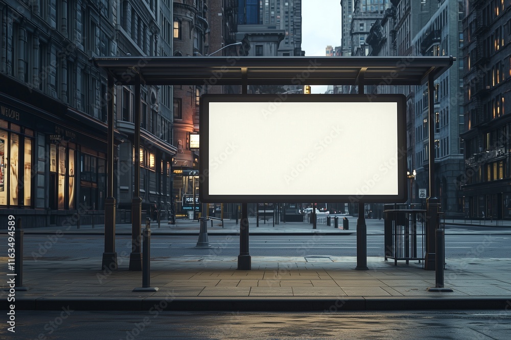 Downtown bus stop featuring high-resolution photorealistic empty billboard. Downtown bus stop featuring high-resolution photorealistic empty billboard.