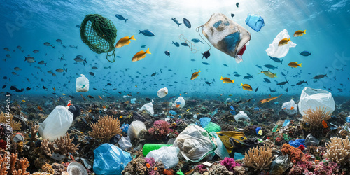 Plastic waste polluting vibrant coral reef and underwater ecosystem teeming with fish