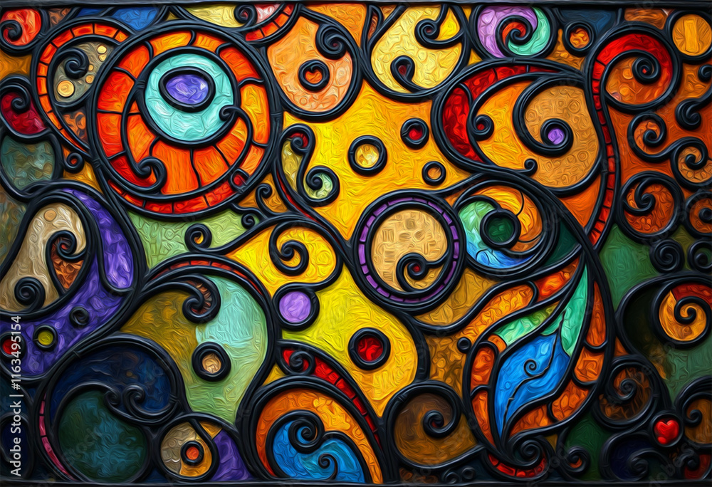 Naklejka premium Colorful stained glass window. . Multicolored interior design template. Oil painting