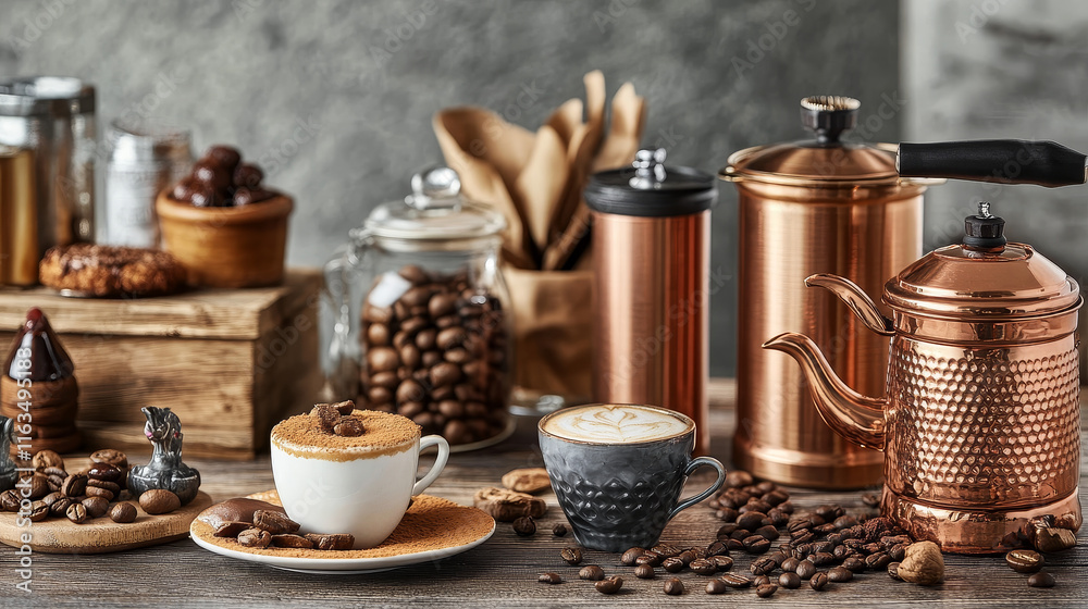 Coffee and dessert icons with cup of coffee on saucer, coffee beans and candies with ice cream, cakes, cappuccino, liquor, takeaway cup, chocolate, vintage coffee grinder and copper pot Coffee and dessert icons with cup of coffee on saucer, coffee beans and candies with ice cream, cakes, cappuccino, liquor, takeaway cup, chocolate, vintage coffee grinder and copper pot