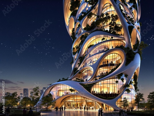 A futuristic, curved glass and steel building with illuminated interiors, surrounded by a night sky with stars, in an urban setting