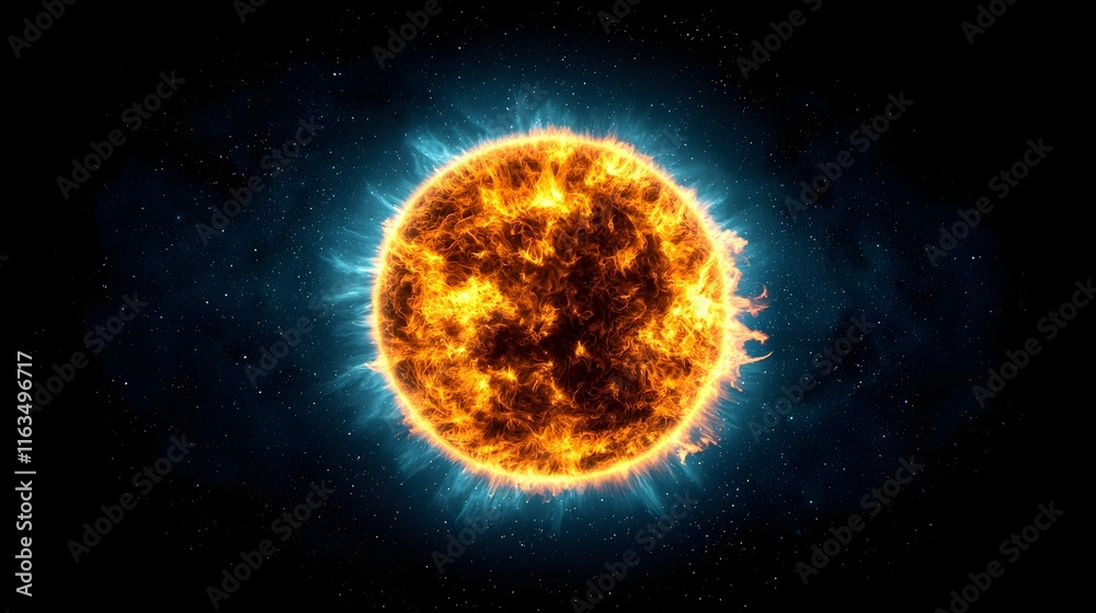 Dramatic close-up view of a sun in intense activity, showcasing vibrant orange and yellow flames erupting from its surface, surrounded by a celestial blue glow against a deep black space background. Dramatic close-up view of a sun in intense activity, showcasing vibrant orange and yellow flames erupting from its surface, surrounded by a celestial blue glow against a deep black space background.