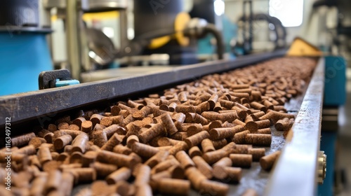 Industrial Conveyor Belt with Wooden Pellets in Manufacturing Facility photo