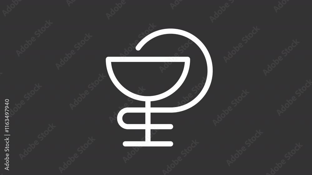 Pharmacy symbol white line animation. Hygieia bowl animated icon. Moving line. Clinical service. Emblem, caduceus. Isolated illustration on dark background. Transition alpha video. Motion graphic