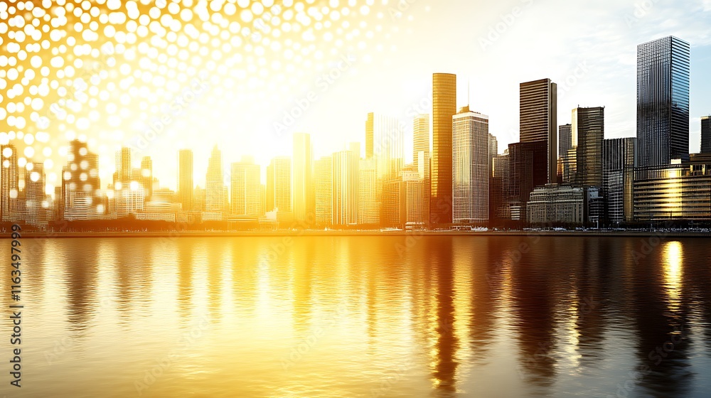 Obraz premium Golden Cityscape Skyline Reflected In Water
