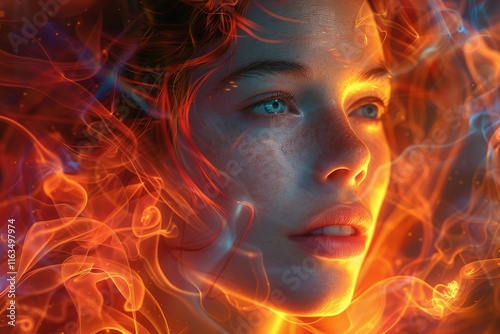 Enigmatic Portrait of a Woman Immersed in Vibrant Flames and Ethereal Light with Intense Stare and Flowing Fiery Hairwoman photo