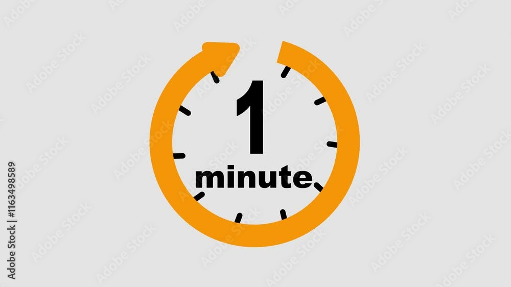 1 minute timer symbol, isolated on transparent background with alpha channel. 60 second countdown Animation background, 1 minutes countdown.