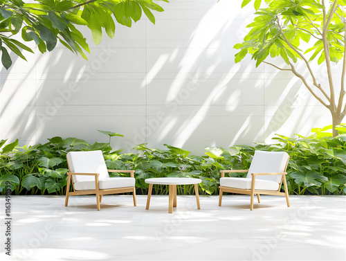 Outdoor patio with elegant white furniture surrounded by greenery under bright sunlight. The scene is perfect for relaxation and includes ample copy space.