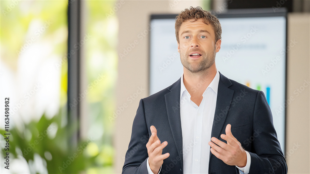 A confident businessman giving a presentation in a modern, sunlit office. He is gesturing while discussing key points, standing before a projector screen. A confident businessman giving a presentation in a modern, sunlit office. He is gesturing while discussing key points, standing before a projector screen.