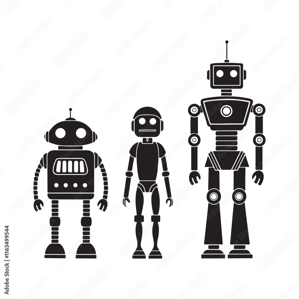 Set of three retro futuristic robots in black and white silhouette - vintage robot illustrations with unique designs and details - perfect for sci-fi, technology, and robotics themes