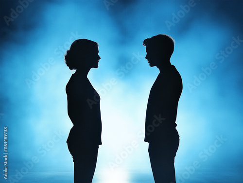 A silhouette of a man and woman facing each other against a deep blue background, evoking feelings of connection and intimacy. Ideal for relationship concepts.