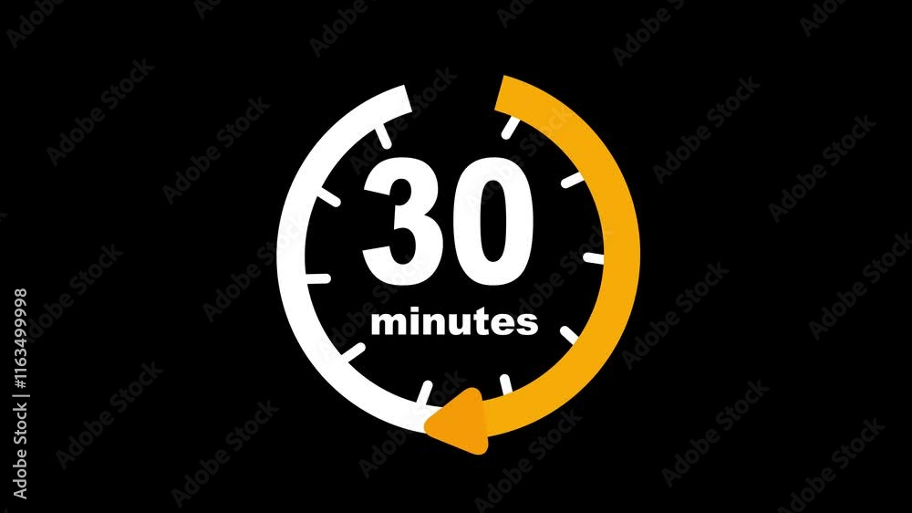 Animation timer icon with 30 minutes on transparent background with alpha channel. Animation from 30 to 1 on black background, stylish stopwatch countdown timer