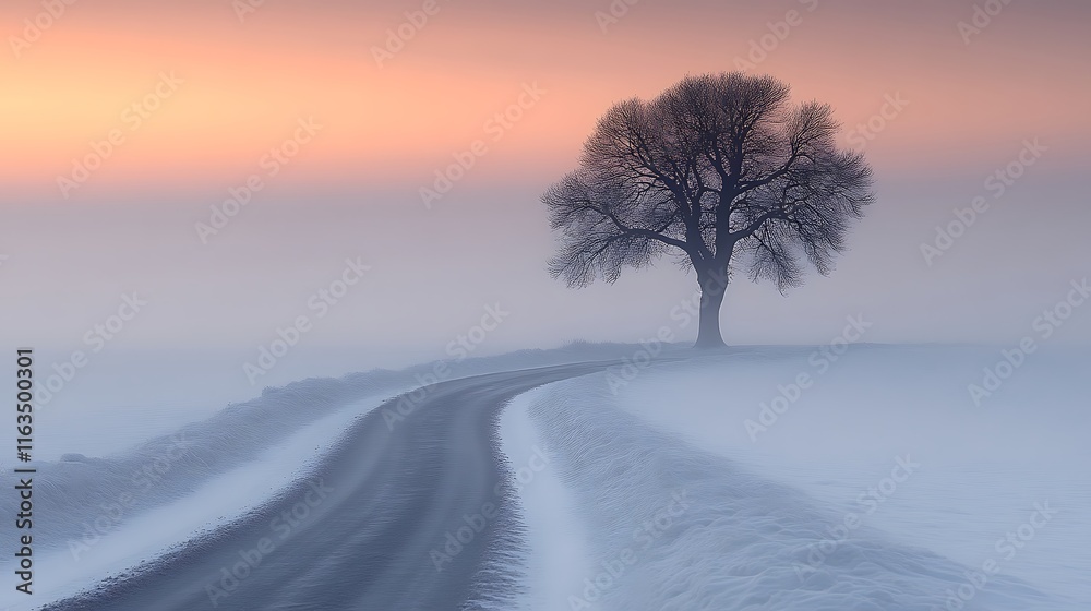 Solitary Winter Tree Beside Foggy Road at Sunrise Solitary Winter Tree Beside Foggy Road at Sunrise