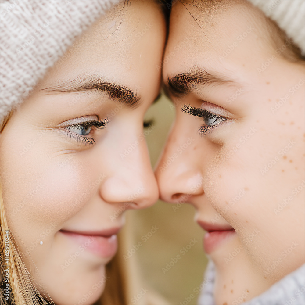 Obraz premium A close-up of a couple touching foreheads, showing affection and closeness. The image captures emotional connection, love, and intimacy.
