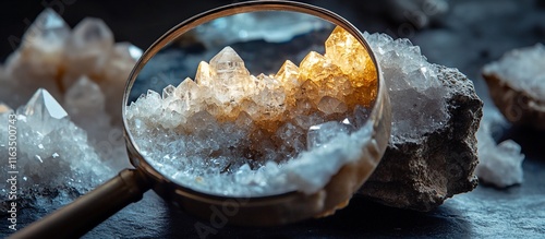 Close-up view of quartz crystals magnified through a magnifying glass. photo