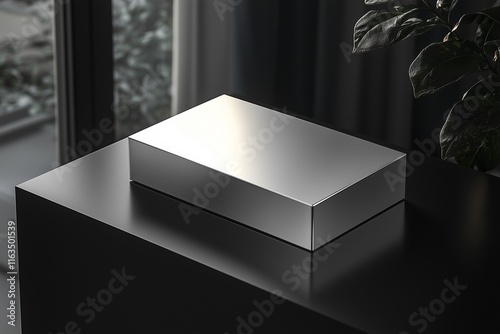 Minimalist high-res silver box mockup on sophisticated black surface.