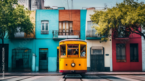 Iconic yellow tram moving through vibrant streets with colorful facades