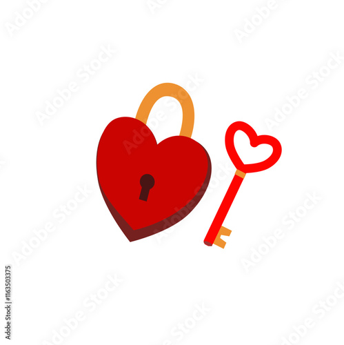 Red heart lock and key isolated on white background