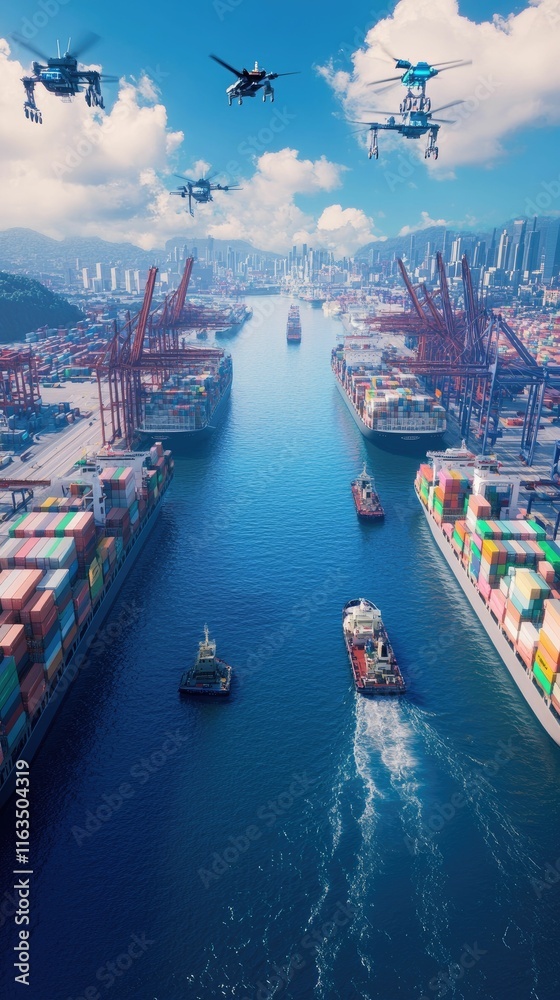 Naklejka premium Cargo ships, drones, harbor, city skyline, ocean.