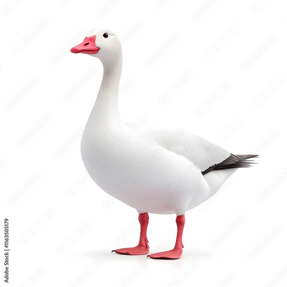 A detailed, full-shot of a snow goose, presented against a clean white background. A detailed, full-shot of a snow goose, presented against a clean white background.