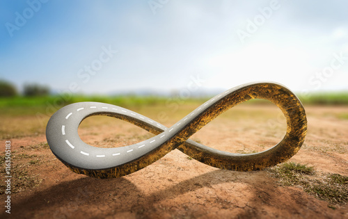 3D rendering of infinity symbol road in adventure route concept. Earth land with asphalt driveway on small green planet and blue sky background. never ending road design advertisement.