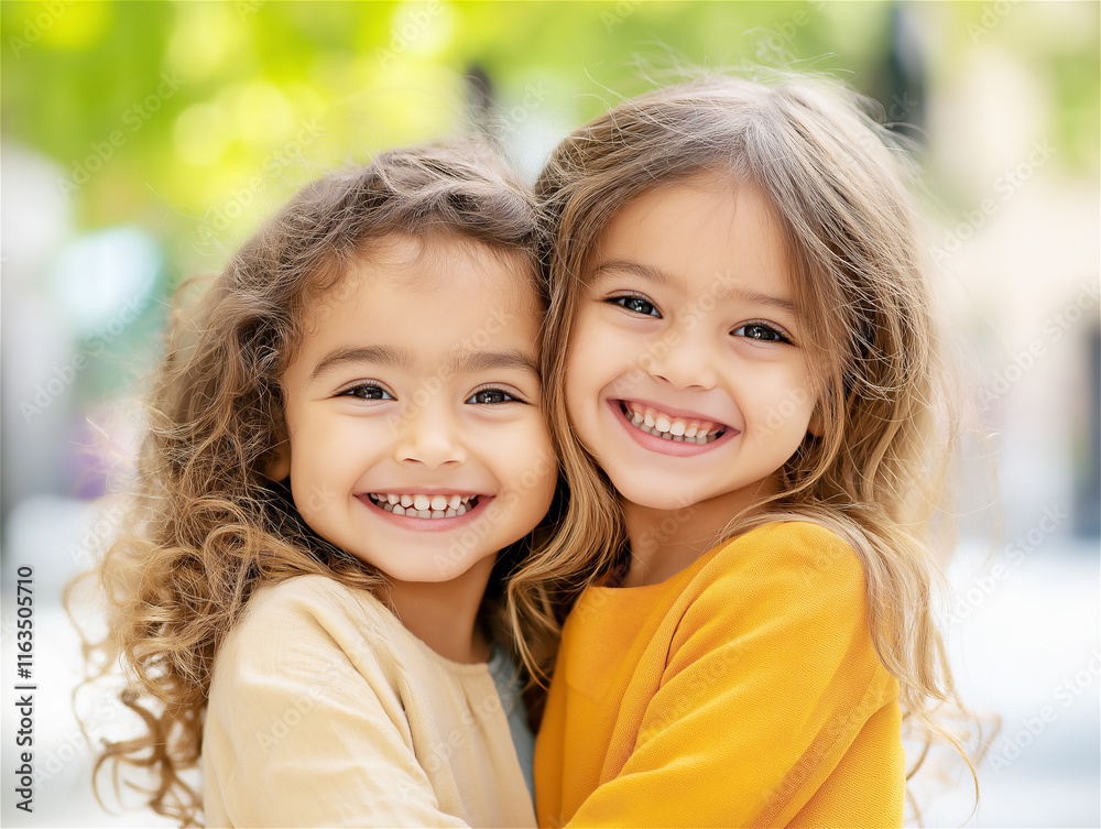 Two young girls smiling warmly, embracing each other in a sunny outdoor setting. The image reflects friendship, happiness, and the innocence of childhood. Two young girls smiling warmly, embracing each other in a sunny outdoor setting. The image reflects friendship, happiness, and the innocence of childhood.