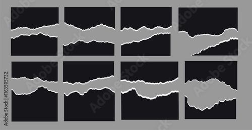 Black realistic set of ripped collections with grunge edges, Paper rip texture background