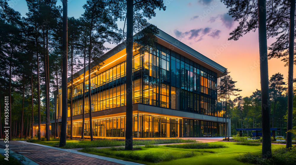 Modern Corporate Office Building Surrounded by Trees at Dusk with Illuminated Glass Facade and Tranquil Evening Atmosphere