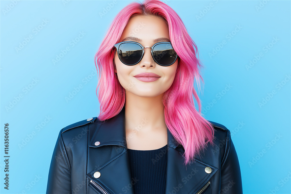Fototapeta premium Confident woman with vibrant pink hair and sunglasses, standing against a bright blue background. Represents individuality, boldness, and modern fashion trends.