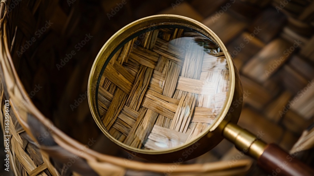 Close-up magnifying glass on woven bamboo basket. Close-up magnifying glass on woven bamboo basket.