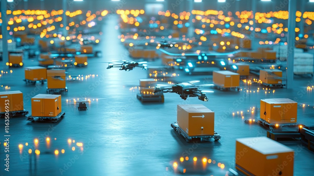 Obraz premium Automated warehouse; drones deliver packages.