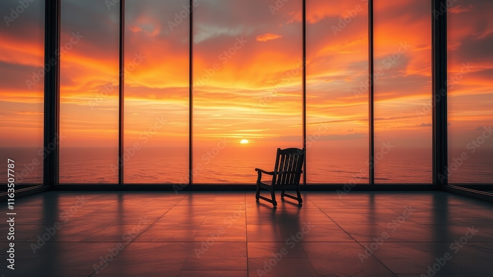 Fototapeta premium Serene Sunset Vista A Solitary Rocker Reclines, Contemplating the Ocean's Golden Horizon