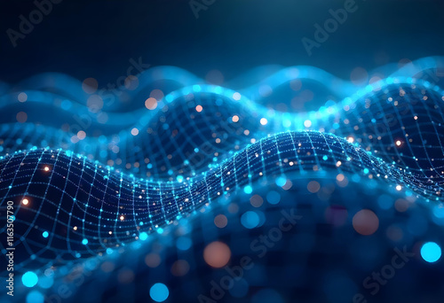A futuristic, abstract background with a glowing, wavy grid pattern in shades of blue and white , creating a sense of depth and movement . The image has a technological, sci-fi aesthetic with sparklin