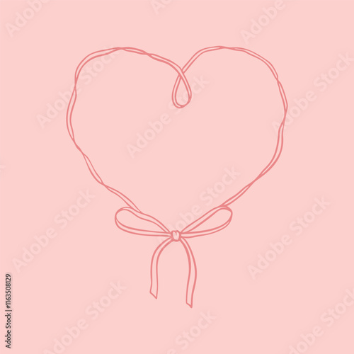 Cute aesthetic boho heart ribbon frame with tied bows. French style decoration. Modern minimalist girly design elements. Coquette and flirtatious drawing. Wavy irregular shape