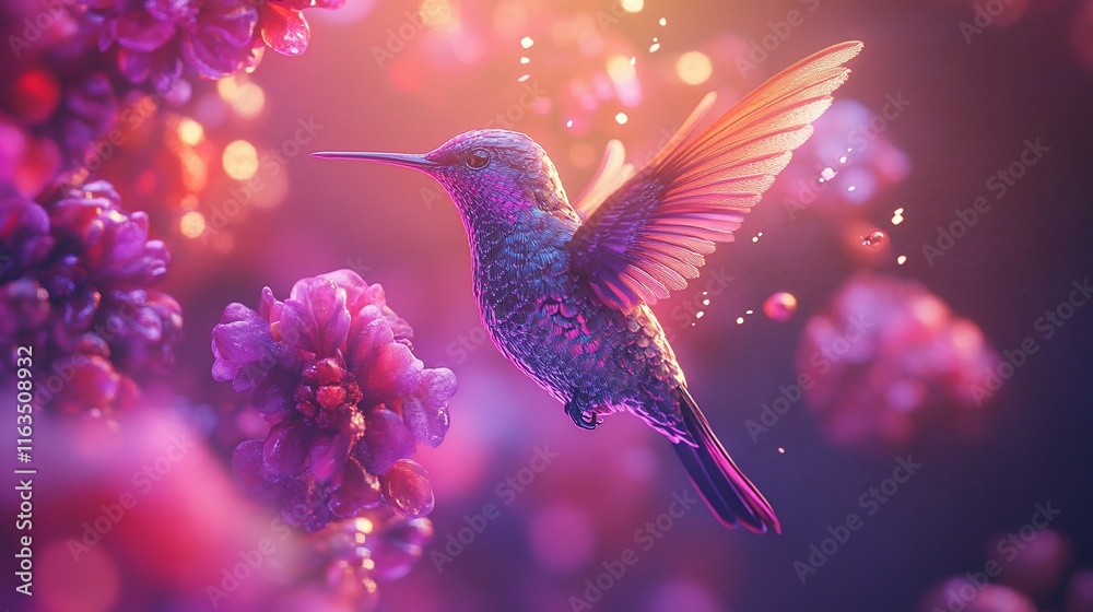 A hummingbird in flight, surrounded by vibrant purple flowers, bathed in warm, glowing light. A hummingbird in flight, surrounded by vibrant purple flowers, bathed in warm, glowing light.