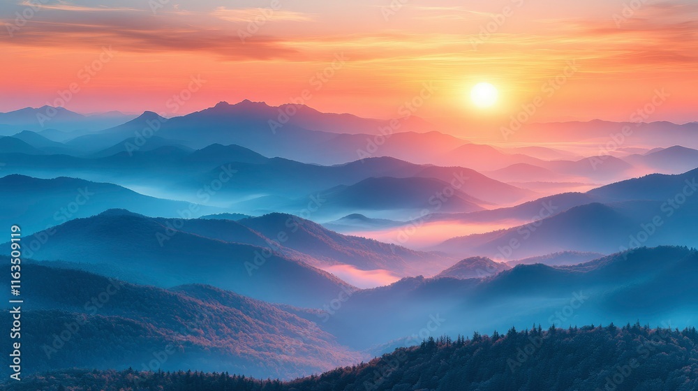 Serene Sunrise Over Misty Mountain Ranges Serene Sunrise Over Misty Mountain Ranges