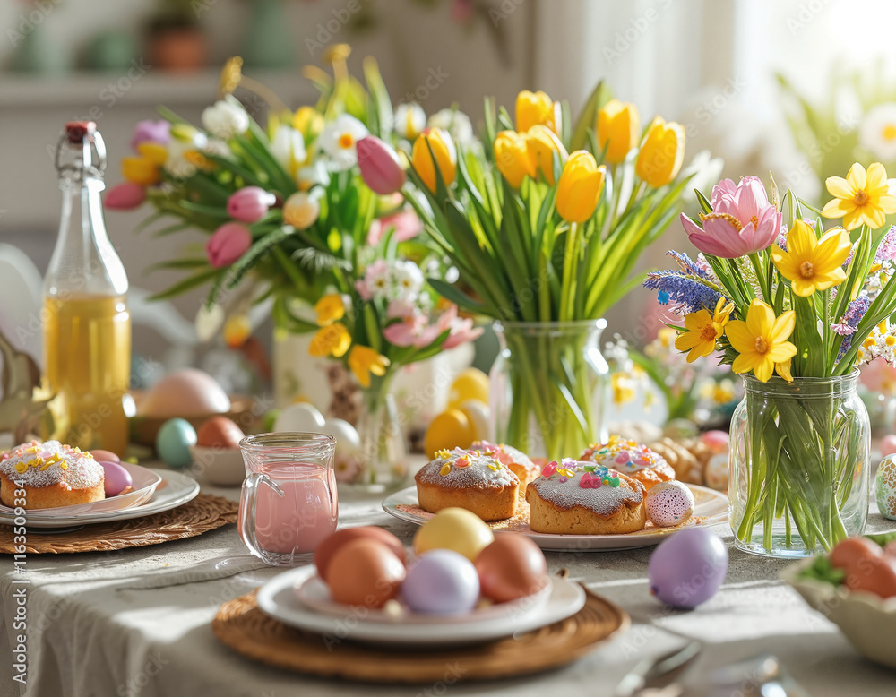 Easter celebration with a colorful table setting. Easter feast with painted eggs and fresh flowers. Festive Easter table with spring flowers and pastries Easter celebration with a colorful table setting. Easter feast with painted eggs and fresh flowers. Festive Easter table with spring flowers and pastries