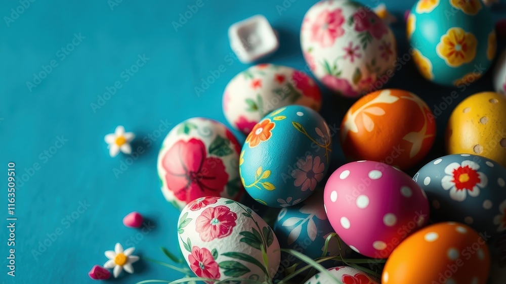 A vibrant collection of hand-painted Easter eggs, adorned with floral designs and polka dots, nestled amongst springtime greenery on a teal background. A vibrant collection of hand-painted Easter eggs, adorned with floral designs and polka dots, nestled amongst springtime greenery on a teal background.