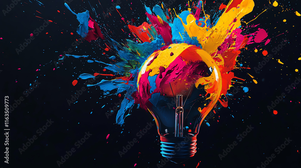 Fototapeta premium A vibrant explosion of color bursts from a light bulb, symbolizing creativity and innovative ideas in a striking visual design.