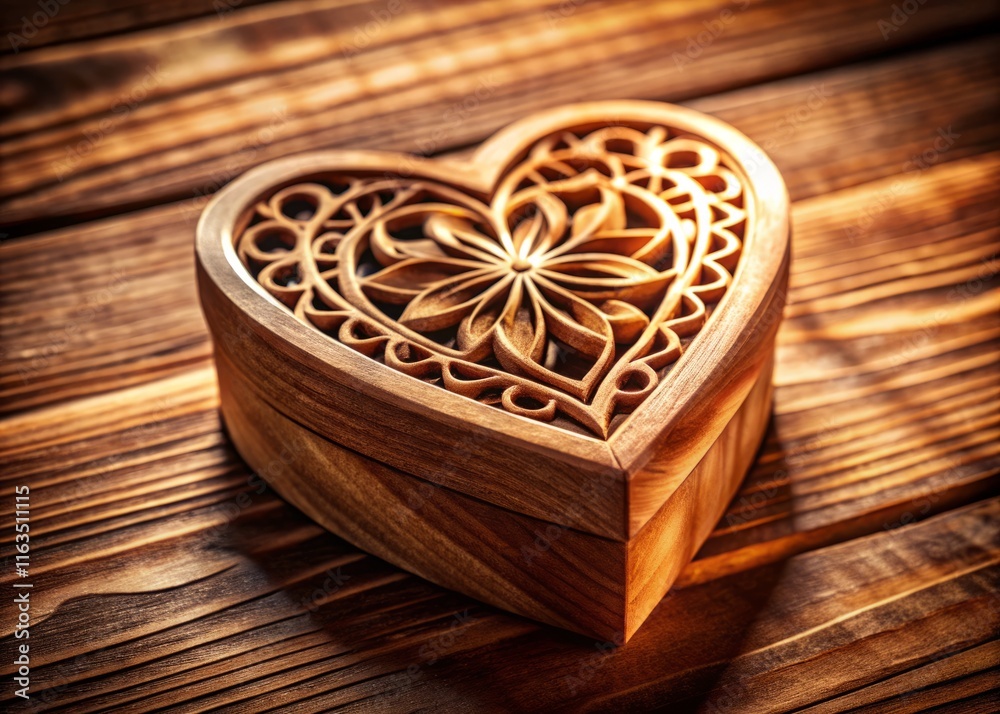 Elegant Wooden Heart Box with Intricate Cutouts on Wooden Surface - Minimalist Stock Photo Elegant Wooden Heart Box with Intricate Cutouts on Wooden Surface - Minimalist Stock Photo