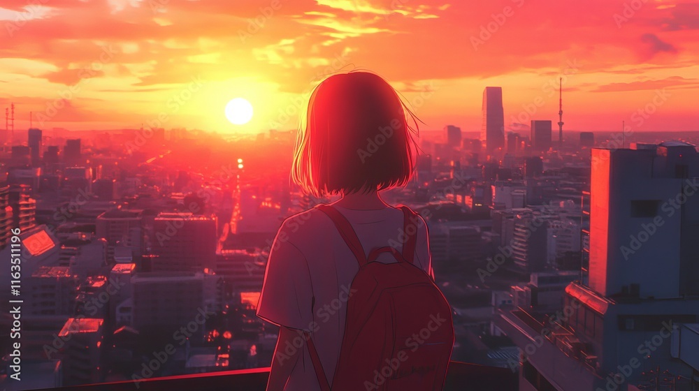 Vibrant synthwave-style manga anime girl in a bustling big city at sunset with lofi vibes and vivid 3d animation top view